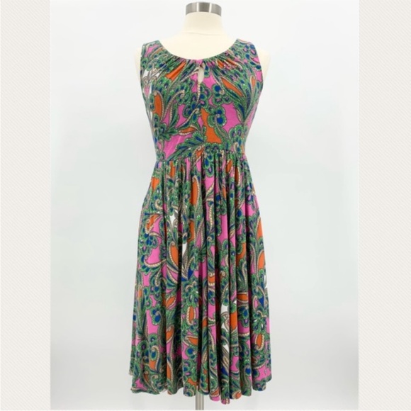 ANTHROPOLOGIE Lilka Seaglass Pink Green Paisley Printed Keyhole Midi Dress Small - Picture 2 of 12